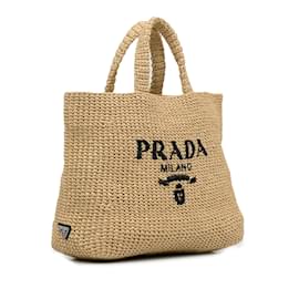 Prada-Tan Prada Raffia Logo Tote Bag-Camel