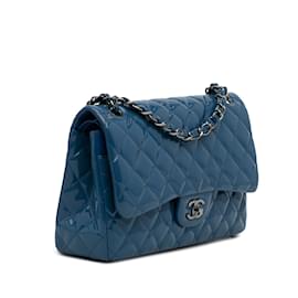 Chanel-Blue Chanel Jumbo Classic Patent lined Flap Shoulder Bag-Blue