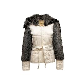 Autre Marque-Vintage White & Charcoal Omo Norma Kamali Silk & Faux Fur Jacket Size US XS-White