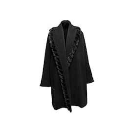 Autre Marque-Black Linda Richards Long Wool Mink-Trimmed Coat Size US 12-Black