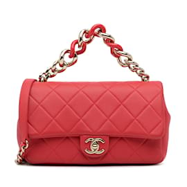 Chanel-Bolsa Chanel pequena em pele de cordeiro vermelha elegante com aba única-Vermelho