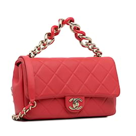 Chanel-Borsa a tracolla singola Chanel piccola in pelle di agnello rossa con catena elegante-Rosso