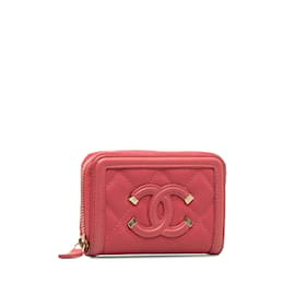 Chanel-Petit portefeuille zippé en filigrane rose Chanel CC Caviar-Rose