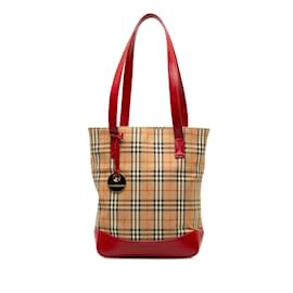 Burberry-Tan and Red Burberry Haymarket Check Tote-Camel