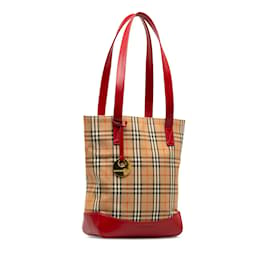 Burberry-Tan and Red Burberry Haymarket Check Tote-Camel