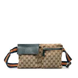 Gucci-Tan Gucci GG Canvas Web Double Pocket Belt Bag-Camel