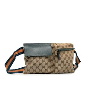 Gucci-Tan Gucci GG Canvas Web Double Pocket Belt Bag-Camel