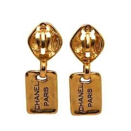 Chanel-Gold Chanel Logo Plate Drop Earrings-Golden