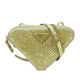 Prada-Gold Prada Crystal Embellished Mini Triangle Pouch Crossbody Satchel-Golden
