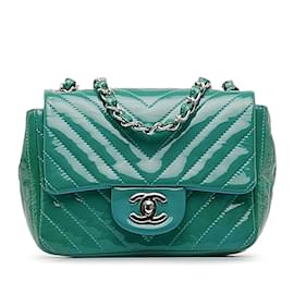 Chanel-Green Chanel Mini Patent Chevron Classic Flap Bag-Green
