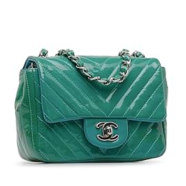 Chanel-Green Chanel Mini Patent Chevron Classic Flap Bag-Green