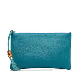 Gucci-Blue Gucci Bamboo Leather Pouch-Blue