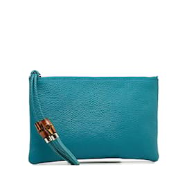 Gucci-Blue Gucci Bamboo Leather Pouch-Blue