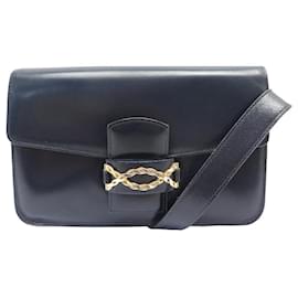 Céline-VINTAGE CELINE HANDBAG CLASP INTERLACE LEATHER BOX NAVY BLUE HAND BAG-Navy blue