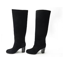 Chanel-CHANEL SHOES G THIGH BOOTS28562 40 BLACK SUEDE + BOX DEER BOOTS-Black