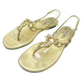 Chanel-CHANEL SCHUHE STRASS FLIP-FLOP-SANDALEN 38 GOLDENE LEDER-FLIP-FLOPP-SCHUHE-Golden