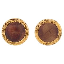 Chanel-VINTAGE BOUCLES D'OREILLES CHANEL RONDES METAL DORE ET BOIS 1970 STEEL EARRINGS-Doré