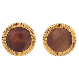 Chanel-VINTAGE CHANEL ROUND EARRINGS GOLD METAL AND WOOD 1970 Steel Earrings-Golden