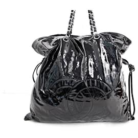 Chanel-SAC A MAIN CHANEL SHOPPING CABAS LOGO CC EN CUIR VERNI NOIR HAND BAG PURSE-Noir
