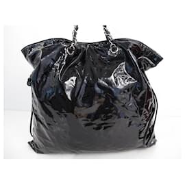 Chanel-CHANEL SHOPPING TOTE CC LOGO HANDBAG IN BLACK PATENT LEATHER HAND BAG PURSE-Black