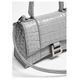 Balenciaga-Balenciaga XS Hourglass Croc Embossed Top-Handle Bag in Grey Leather-Grey