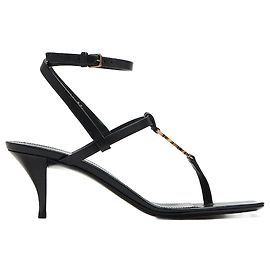 Saint Laurent Cassandra YSL Medallion Ankle-Strap Sandals in Black Leather Black