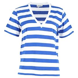 Ganni-Camiseta Ganni de rayas con cuello en V de algodón azul y blanco-Azul