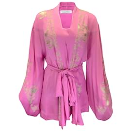Autre Marque-Conjunto de dos piezas de camisola y bata de seda con cinturón y ribete de encaje rosa de Carine Gilson-Rosa