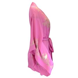 Autre Marque-Conjunto de dos piezas de camisola y bata de seda con cinturón y ribete de encaje rosa de Carine Gilson-Rosa