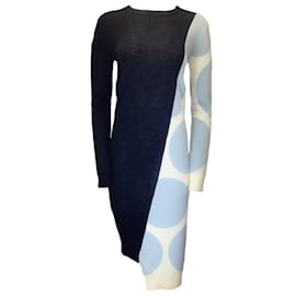 Autre Marque-Stella McCartney Bleu Marine / Blanc / Robe midi en tricot de laine bleu clair à manches longues-Multicolore