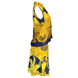 Autre Marque-Hermes Vintage Navy Blue / Gold Scarf Print Silk Blouse and Skirt Two-Piece Set-Blue