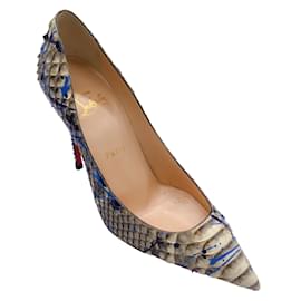 Autre Marque-Christian Louboutin Marfil / Azul / Zapatos de tacón alto con punta en punta y cuero de piel de pitón con salpicadura de pintura azul marino-Multicolor