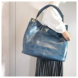 Prada-Hobo Shoulder Bag Vitello Leather Blue-Blue
