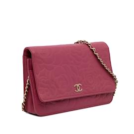 Chanel-Portafoglio rosa Camelia Chanel su borsa a tracolla con catena-Rosa