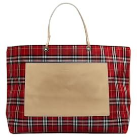 Burberry-Red Burberry Plaid Nylon Tote Bag-Red