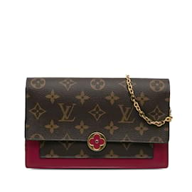 Louis Vuitton-Portefeuille marron Louis Vuitton Monogram Flore sur sac à bandoulière en chaîne-Marron