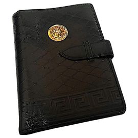Authentic Vintage Gianni Versace Black Sunburst Greca Quilted Leather Agenda Black