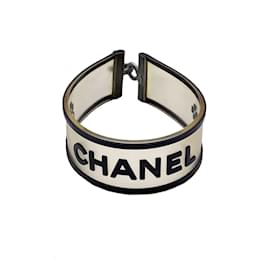 Chanel-Vintage Clear and Black Rubber Logo Quatrefoil Bracelet-Black