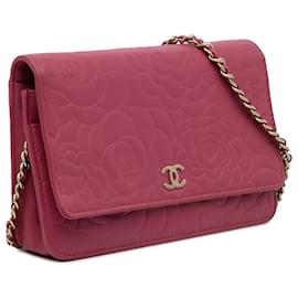 Chanel-Portafoglio Chanel Camelia rosa su catena-Rosa