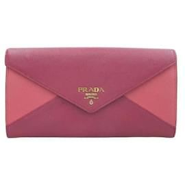 Prada-Portefeuille enveloppe bicolore Prada Saffiano Portefeuille long en cuir 1MH037 en bon état-Rose