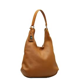 Fendi-Fendi Leather Selleria Hobo Bag Sac à bandoulière en cuir 8BR241 en bon état-Marron