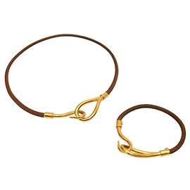 Conjunto de gargantilha e pulseira de couro dourado marrom claro Hermès Jumbo Hook & Loop Marrom