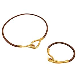 Set di collana girocollo e bracciale Hermès Jumbo Hook & Loop in pelle marrone chiaro dorata Marrone