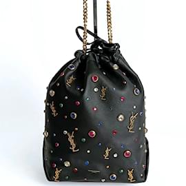 Saint Laurent-Saint Laurent Saint Laurent Teddy Bucket shoulder bag in black leather with multicolored stones-Black