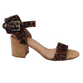 Autre Marque-Gianvito Rossi Brown / Black Leopard Printed Suede Ankle Strap Cork Heel Sandals-Brown
