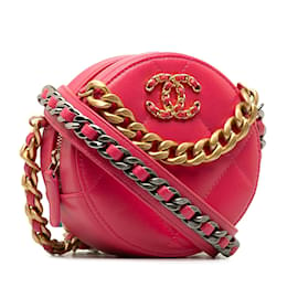 Chanel-Chanel rosa 19 Clutch redondo de piel de cordero con cartera de cadena-Rosa