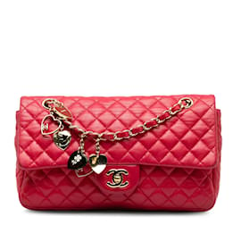 Chanel-Red Chanel Medium Lambskin Valentine Heart Charms Single Flap Shoulder Bag-Red