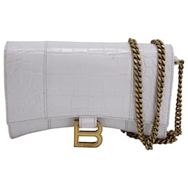 Balenciaga-Balenciaga Crocodile Embossed Hourglass Wallet On Chain in White Calfskin Leather-White