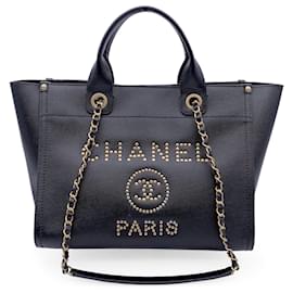 Chanel-Black Caviar Leather Studded Deauville Tote Shoulder Bag-Black