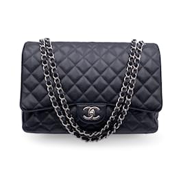Chanel-Caviar Maxi Acolchoado Preto Clássico Atemporal 2.55 saco de aleta alinhado-Preto